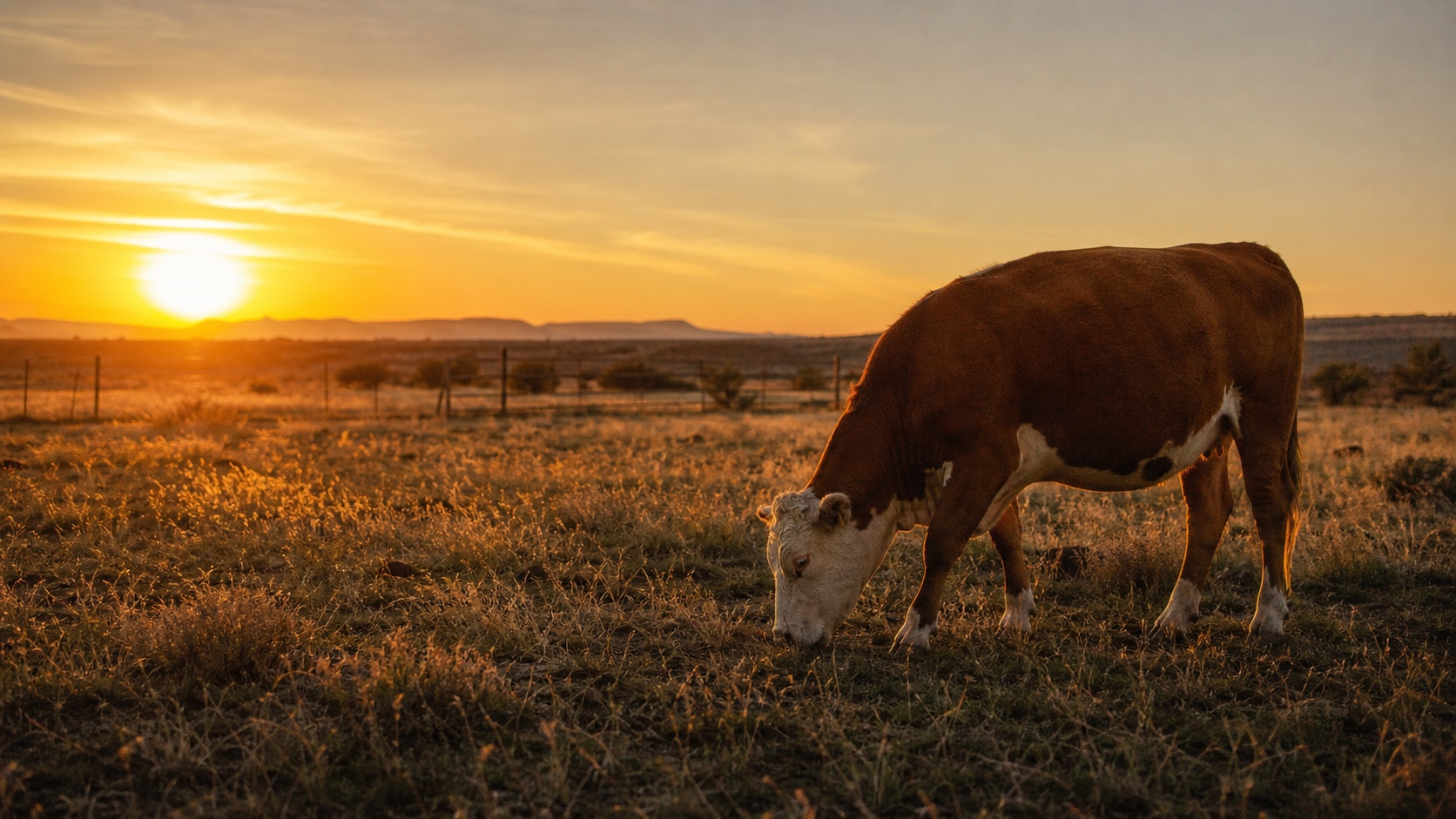Sunset farm with a cow grazing